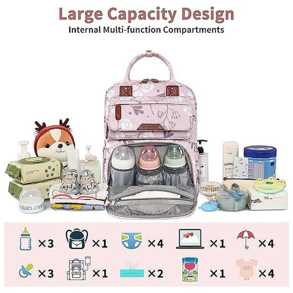 Diaper Bag Backpack, Multifunction Waterproof Diaper Bag for Girl, L-pink - Picture 3 of 9